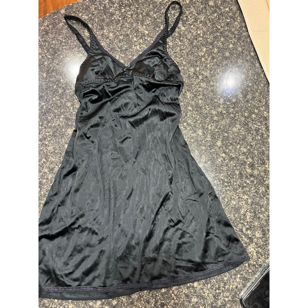 Venus Black Satin Slip Dress Lace Trim V-Neck Adjustable Straps Size Medium